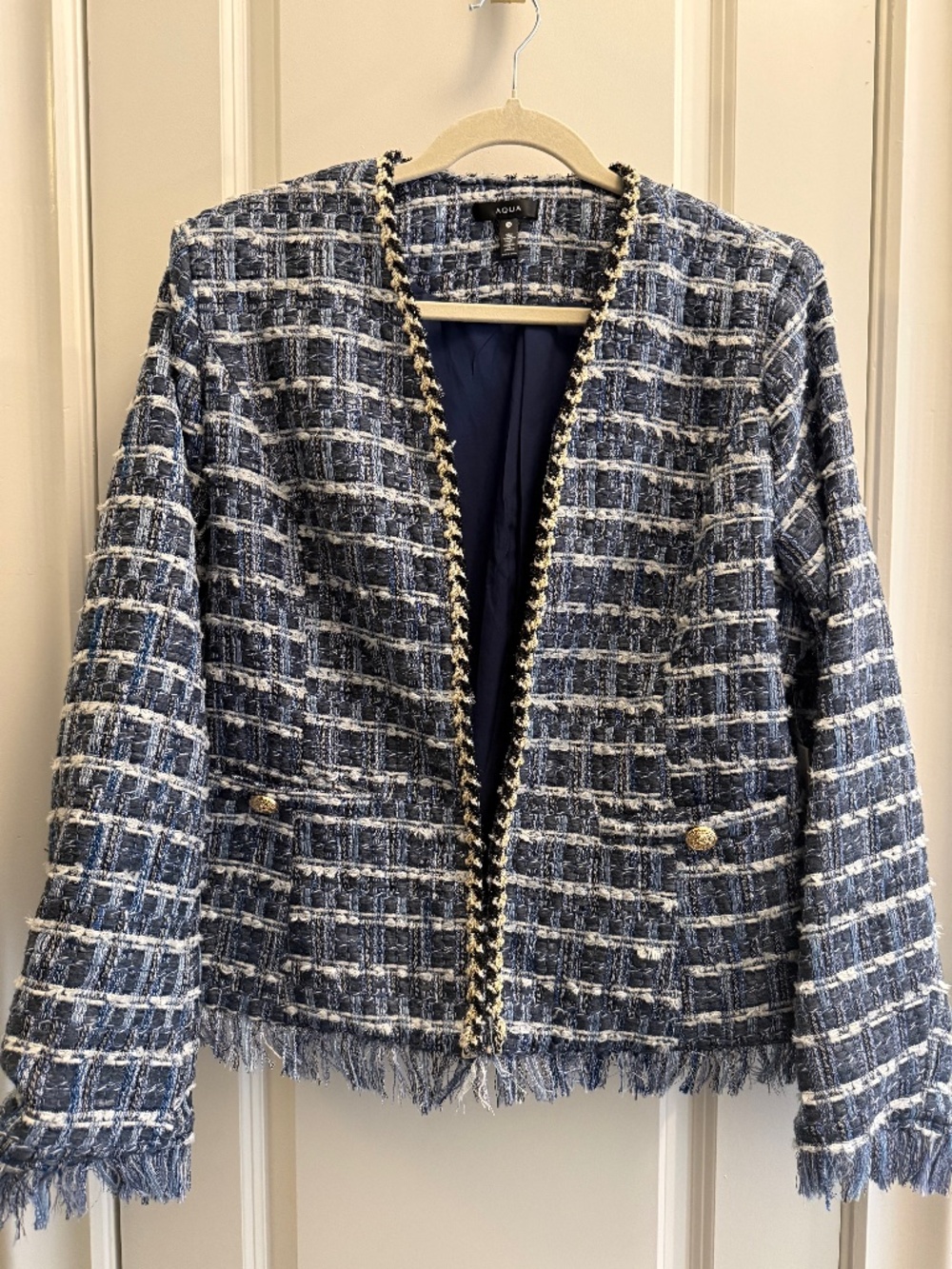 AQUA - Tweed Fringe Jacket - it is a blue multi-color plaid tweed - XXL NWT